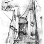 Sérifos, Grèce Montée vers Chora à Serifos, dessin au crayon, escalier entre maisons blanches