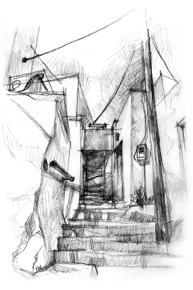Montée vers Chora à Serifos, dessin au crayon, escalier entre maisons blanches