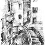 Ponte Storto à Venise, dessin au crayon, pont tordu de Cannaregio vue d'en haut