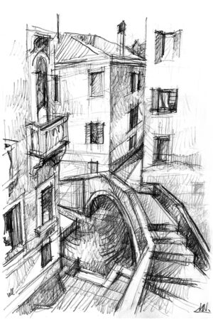 Ponte Storto à Venise, dessin au crayon, pont tordu de Cannaregio vue d'en haut
