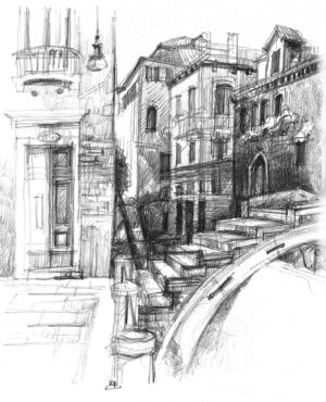 Ponte Chiodo à Venise, dessin au crayon, pont sans garde-corps Cannaregio de près