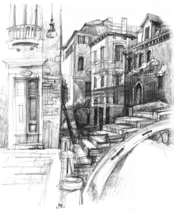 Ponte Chiodo a Venezia, disegno a matita, ponte senza balaustra Cannaregio da vicino
