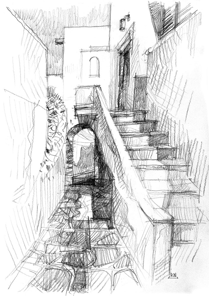 Ruelle voûtée à Naxos, dessin au crayon, soleil et passage dans l'ombre