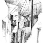 Passage à travers une maison vers Castro, rue de Chora Serifos, dessin au crayon