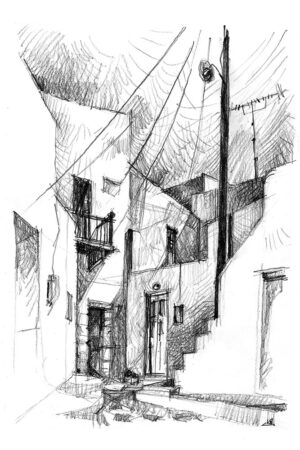 Passage à travers une maison vers Castro, rue de Chora Serifos, dessin au crayon
