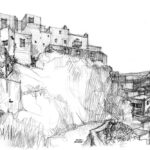 ile de sérifos (cyclades), vue sur chora et limani Chora sur la hauteur et port de Livadi, Serifos Grèce, dessin au crayon