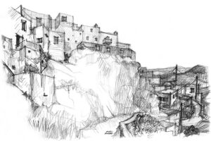 Chora sur la hauteur et port de Livadi, Serifos Grèce, dessin au crayon