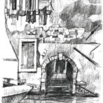 Canal San Felice à Venise, dessin au crayon, passage et fragment de façade