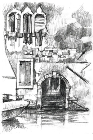 Canal San Felice à Venise, dessin au crayon, passage et fragment de façade