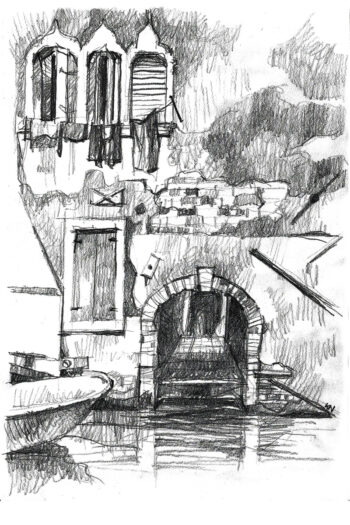San Felice Canal in Venice, pencil drawing, passageway and fragment of façade