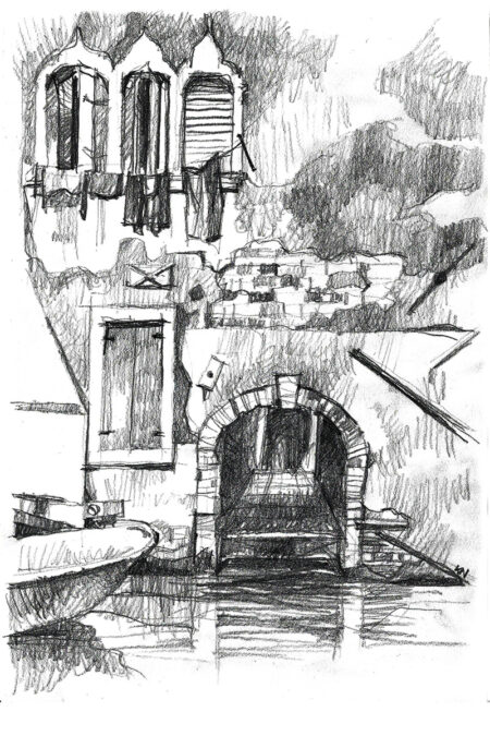 Canal San Felice à Venise, dessin au crayon, passage et fragment de façade