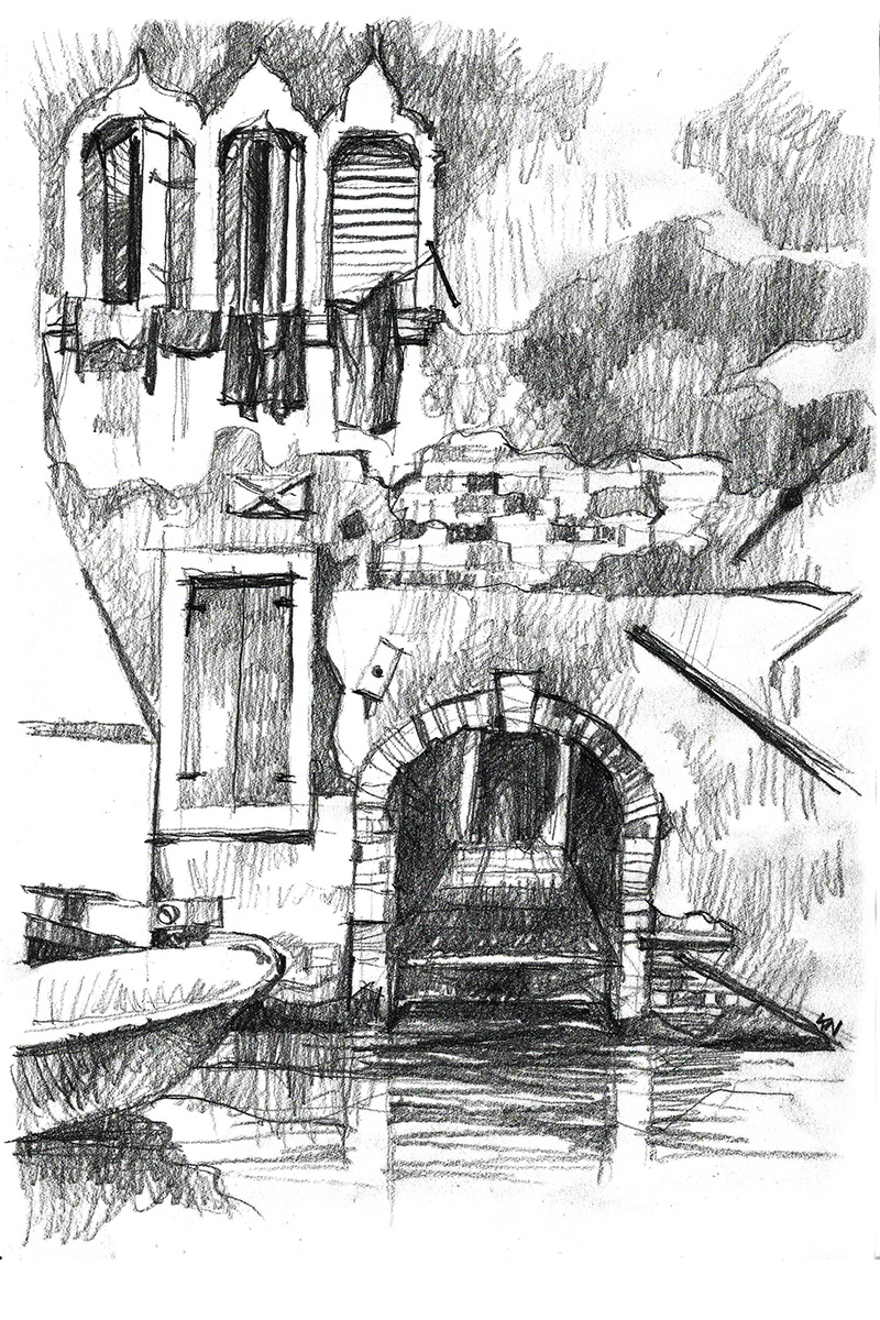 Canal San Felice à Venise, dessin au crayon, passage et fragment de façade