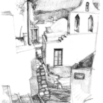 Descente vers Livadi près de l'église, Serifos, dessin au crayon