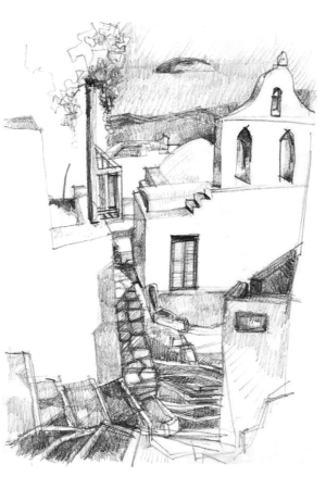 Descente vers Livadi près de l'église, Serifos, dessin au crayon