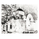 Église blanche à coupole près de la mairie, Chora Serifos, dessin au crayon
