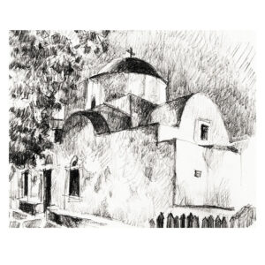Église blanche à coupole près de la mairie, Chora Serifos, dessin au crayon