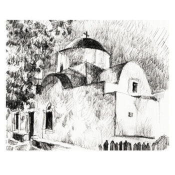 Chiesa bianca con cupola vicino al municipio, Chora Serifos, disegno a matita