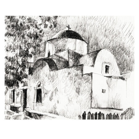 Église blanche à coupole près de la mairie, Chora Serifos, dessin au crayon