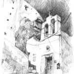 Sérifos, Grèce Église blanche au pied du Castro, Serifos Grèce, dessin au crayon