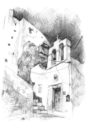 Église blanche au pied du Castro, Serifos Grèce, dessin au crayon