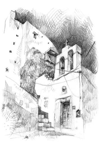 Sérifos, Grèce Église blanche au pied du Castro, Serifos Grèce, dessin au crayon