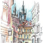 prague, rue de la vielle ville et l'église de tyn Rue de Prague sous les tours de Týn, dessin au crayon, vieille ville