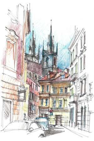 Rue de Prague sous les tours de Týn, dessin au crayon, vieille ville