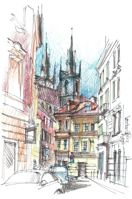 prague, rue de la vielle ville et l'église de tyn Rue de Prague sous les tours de Týn, dessin au crayon, vieille ville