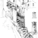 Escalier traversant Chora entre les maisons blanches, Serifos, dessin au crayon