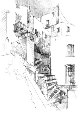 Escalier traversant Chora entre les maisons blanches, Serifos, dessin au crayon