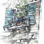 Fenêtre vénitienne, dessin au crayon, façade à Venise
