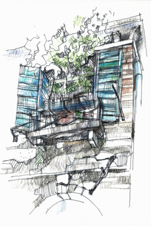 Fenêtre vénitienne, dessin au crayon, façade à Venise