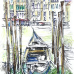 venise, une gondole Gondole amarrée à Venise, dessin au crayon, attente silencieuse sur l'eau