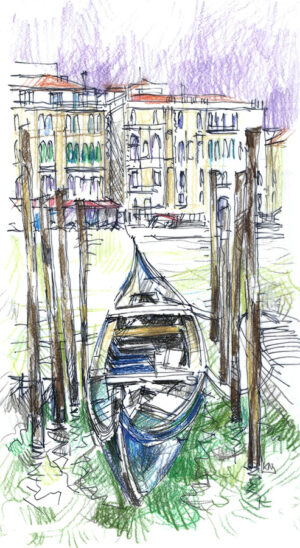 Gondole amarrée à Venise, dessin au crayon, attente silencieuse sur l'eau