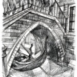 Ponte de le Ostreghe à Venise, dessin au crayon, passants et gondole