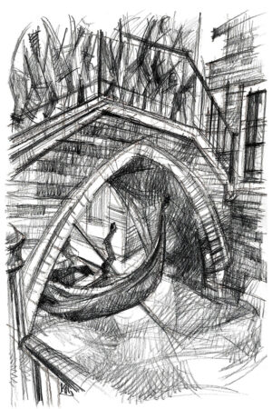 Ponte de le Ostreghe à Venise, dessin au crayon, passants et gondole