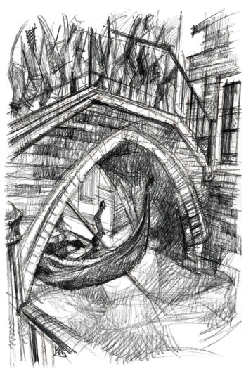 gondola sotto un ponte canale Venezia Italia Ponte delle Ostreghe a Venezia, disegno a matita, passanti e gondola