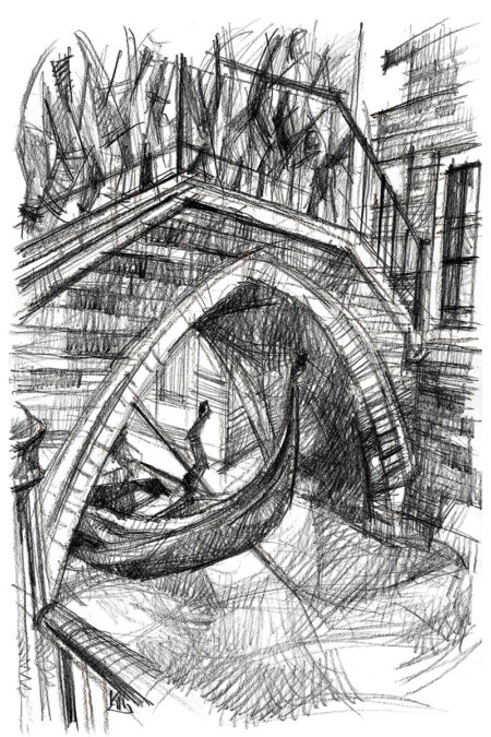 Ponte de le Ostreghe à Venise, dessin au crayon, passants et gondole