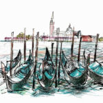 Gondoles sur canal à Venise, dessin au crayon, ville en toile de fond