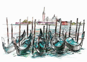 Gondoles sur canal à Venise, dessin au crayon, ville en toile de fond