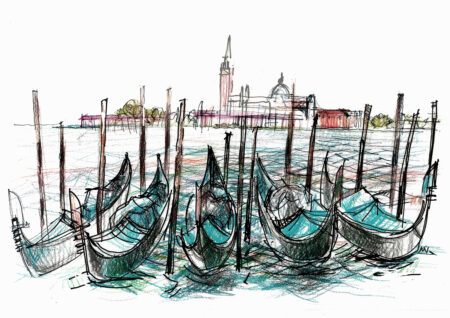 Gondoles sur canal à Venise, dessin au crayon, ville en toile de fond