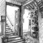 Rue couverte à Plaka, Naxos, dessin au crayon, voûte cycladique