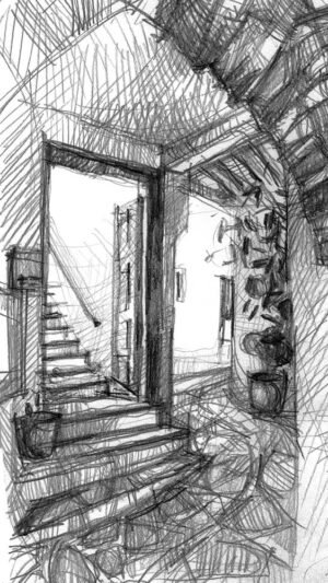 Rue couverte à Plaka, Naxos, dessin au crayon, voûte cycladique