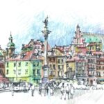 Place du Château à Varsovie, dessin au crayon couleur, colonne Sigismond et maisons colorées
