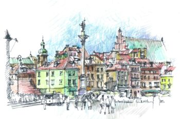 Piazza del Castello a Varsavia, disegno a matita colorata, colonna di Sigismondo e case colorate