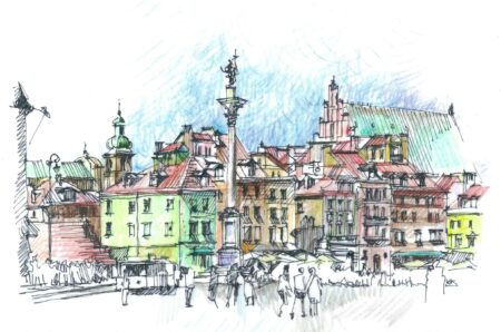 Place du Château à Varsovie, dessin au crayon couleur, colonne Sigismond et maisons colorées
