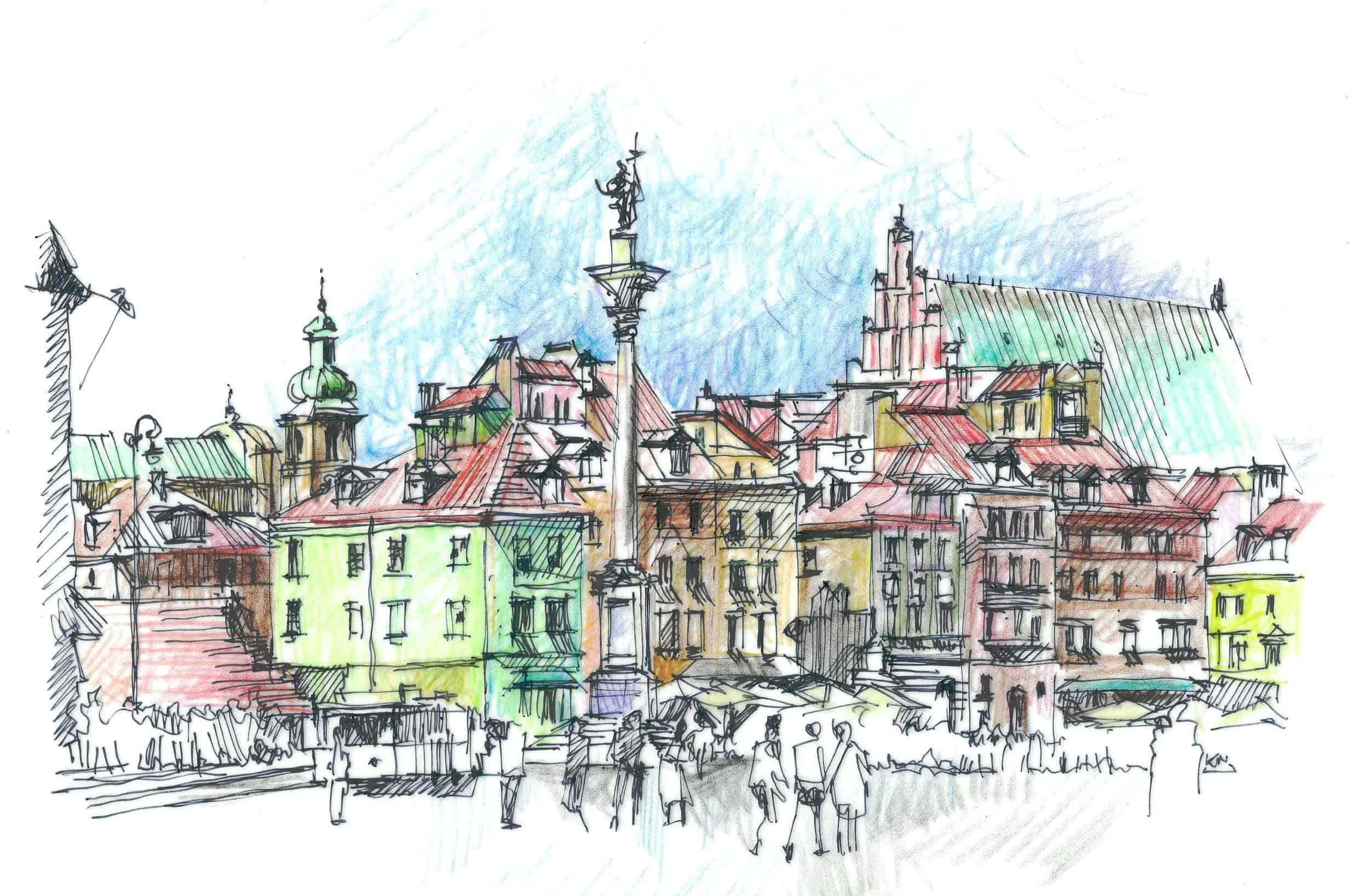 Place du Château à Varsovie, dessin au crayon couleur, colonne Sigismond et maisons colorées