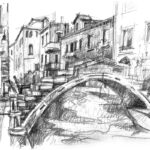 Ponte Chiodo à Venise, dessin au crayon, pont sans garde-corps Cannaregio