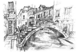 Ponte Chiodo à Venise, dessin au crayon, pont sans garde-corps Cannaregio