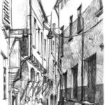 bologne, une rue du centre historique Rue de Bologne, dessin au crayon, ombre et lumière sur les vieilles façades